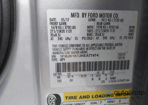 2017 Ford Expedition El Limited from USA, damaged, VIN 1FMJK1KT2HEA77474